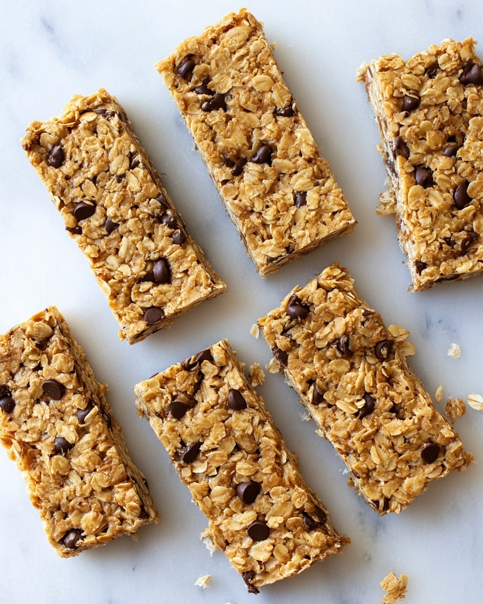 Seven rectangular oat bars are laid out on a white marbled surface. Each bar has a rough, textured top layer of golden rolled oats mixed with dark brown chocolate chips scattered unevenly throughout. The bars have a slightly sticky, glossy appearance, showing a light brown syrup or binder holding the oats and chips together. The bars are thick and uniform in size with some small oat flakes and crumbs spread around them. Photo taken with an iphone --ar 4:5 --v 7