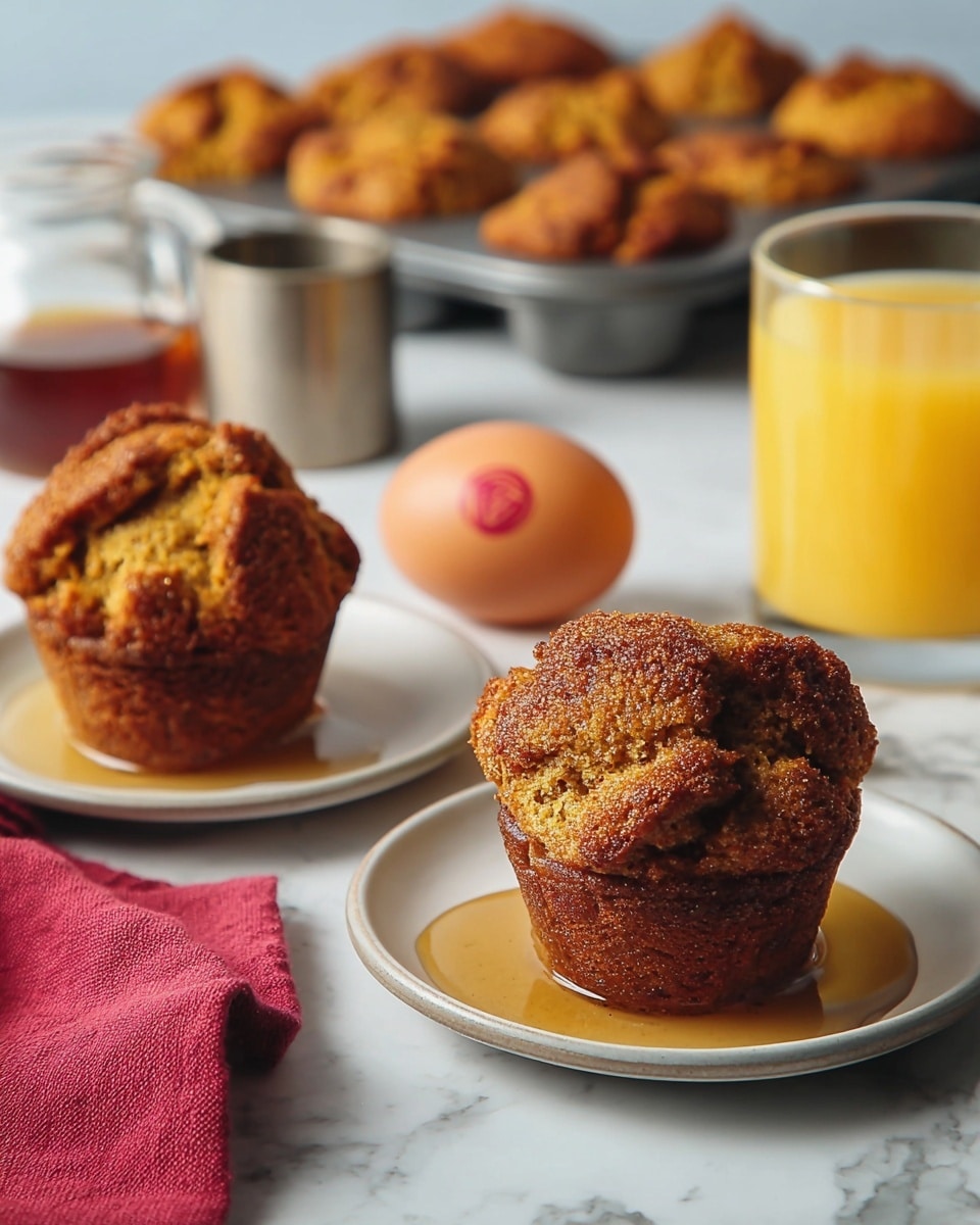The image shows two golden-brown, crispy popover muffins with a rough, puffy top texture placed on two white plates. The popovers appear thick and slightly irregular in shape with darker browned patches on the surface, showing a crunchy exterior. Around them, there are two light brown eggs, one with a red stamp, and a clear glass of yellow-orange juice on the left side. Behind the popovers, there is a white muffin tray holding several more popovers. The entire scene is set on a white marbled surface, with a small metal cup of syrup in the background. photo taken with an iphone --ar 4:5 --v 7