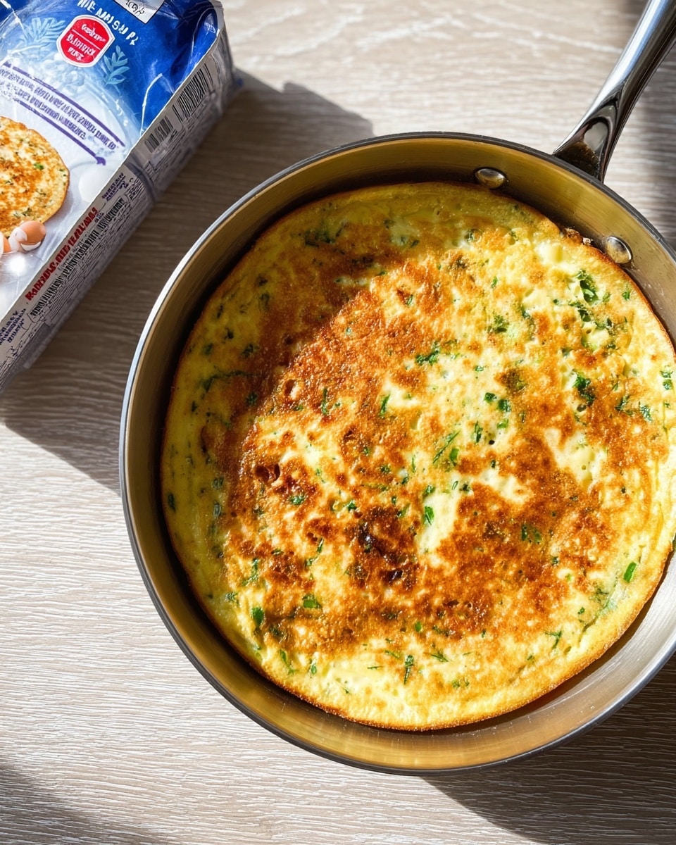 A golden-yellow baked egg white frittata is shown from above in a round silver pan. The top layer has a slightly browned texture with small green herb pieces scattered evenly, giving a fresh look. The frittata has a fluffy and smooth surface with some bubbly spots, showing a light mixture of white and yellow with hints of green inside. The pan lies on a white marbled textured surface beside a carton of egg whites, casting soft shadows. Bright natural light enhances the colors and textures, making the dish look warm and appetizing. photo taken with an iphone --ar 4:5 --v 7