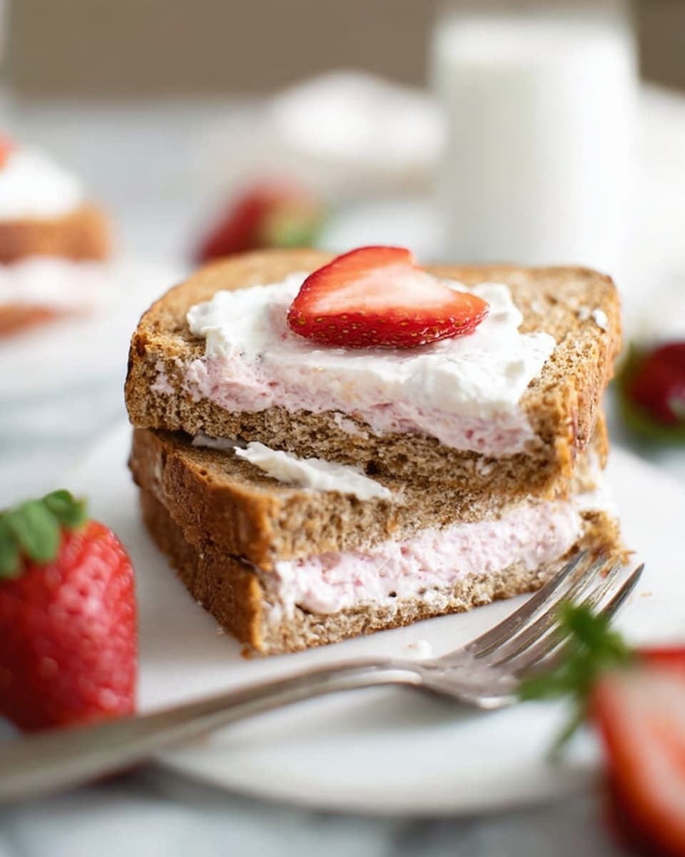The image shows two thick slices of brown bread sandwiching a creamy pink filling, with one sandwich cut in half and stacked, revealing the soft texture of the filling inside. The top layer of the stacked sandwich is garnished with white cream, a small sliced strawberry, and light almond flakes. Nearby, another piece of bread with white cream spread on top and a strawberry slice is in the foreground, slightly out of focus. The items rest on a white plate on a white marbled surface, with a silver fork placed to the left and a whole strawberry in the background. Photo taken with an iphone --ar 4:5 --v 7