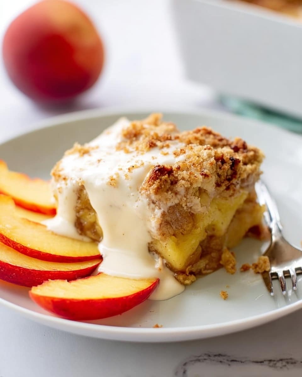 A white plate holds a slice of layered dessert with three main layers: the bottom layer is light and crumbly with chunks of fruit, the middle layer is dense and nutty with a brown texture, and the top layer is golden with toasted almond slices. A thick, creamy white sauce with a sprinkle of cinnamon is poured over the top and drips down one side. Around the dessert, three red and yellow peach slices sit on the plate. A silver fork is placed on the right side of the plate, and the background is a white marbled texture. photo taken with an iphone --ar 4:5 --v 7