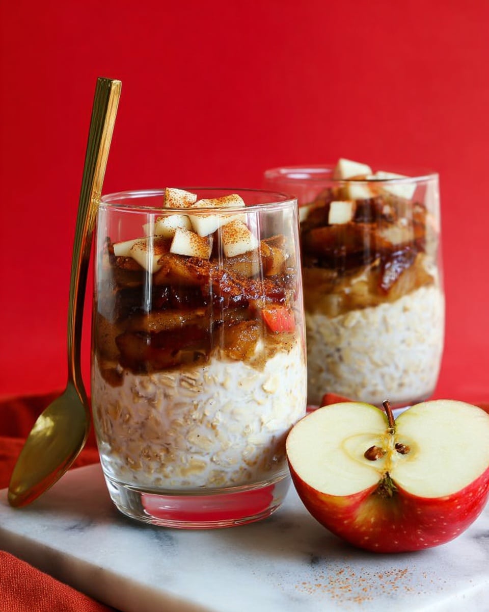 Two clear glasses show a three-layer dessert placed on a woven beige cloth with a white marbled surface underneath. The bottom layer is creamy oatmeal with a soft, grainy texture in a light beige color. The middle layer consists of dark brown cooked apples with a sticky, glossy look. The top layer has a few slices of fresh white apple pieces dusted lightly with a light brown powder. A shiny gold spoon stands upright between the two glasses, and to the right, a large red apple is cut in half, showing its bright white inside and seeds. The background is a solid bright red. photo taken with an iphone --ar 4:5 --v 7