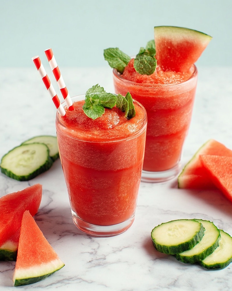 Two clear glasses hold a textured, bright red frozen watermelon drink with tiny green specks. Each glass is topped with a small fresh green mint sprig; the left glass also has a thin cucumber slice leaned against the drink. Both glasses have a red and white striped straw sticking out. Around the glasses, there are fresh watermelon slices with green rinds and red flesh, and a small stack of round cucumber slices. The whole scene is set on a white marbled surface. photo taken with an iphone --ar 4:5 --v 7