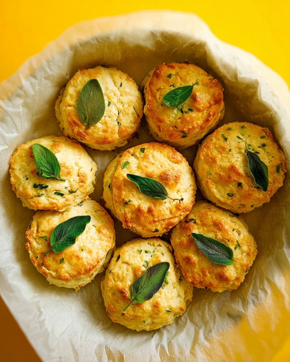The image shows a round white plate lined with crumpled parchment paper holding nine golden-brown biscuits. Each biscuit has a slightly shiny, crisp top layer with green herbs embedded within the dough and a single green leaf or sprig of parsley pressed into the center. The biscuits are stacked in two layers with some touching and others spaced out, showing their fluffy and soft texture inside with a light crust outside. The background is a bright yellow, making the warm colors of the biscuits stand out. Photo taken with an iphone --ar 4:5 --v 7