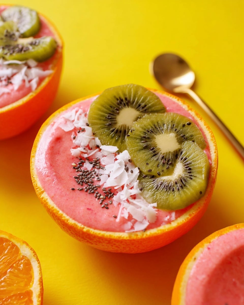 The image shows a smoothie served inside a hollowed-out orange half, placed on a white marbled surface. The smoothie is light pink and fills the orange shell completely. On top, there are three slices of bright green kiwi arranged in a neat row on one side, some white coconut flakes scattered around, and small black chia seeds sprinkled over the surface. A gold spoon is dipping into the smoothie from the bottom center of the orange. Surrounding this smoothie bowl, there are other halved fruits visible, including red grapefruit halves, all on the white marbled background. photo taken with an iphone --ar 4:5 --v 7