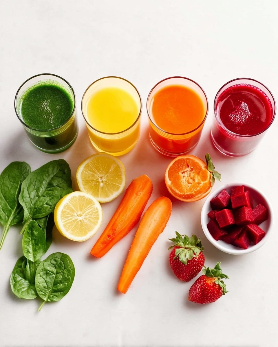 The image shows four small glasses filled with different colored juices lined horizontally on a white marbled surface. From left to right, the juices are dark green, bright yellow, deep orange, and rich red. Below the green juice is a fresh green spinach leaf, and below that are green carrot leaves attached to an orange carrot that has been cut into slices to the right. Next to the yellow juices are lemon wedges and a halved lemon. To the right of the orange juice is a whole strawberry, a strawberry half, and small slices of carrot. On the far right, beneath the red juice, there is a small clear white bowl filled with dark red beet cubes. The whole scene is arranged cleanly and brightly. photo taken with an iphone --ar 4:5 --v 7