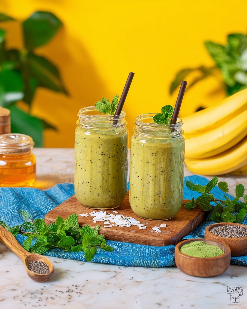 Two glass jars filled with a thick, green smoothie dotted with small black seeds sit on a wooden board placed on a light blue cloth over a white marbled surface. Each jar has a metal straw and the jar in the front has a small green leaf floating inside. Around the board are scattered coconut flakes and a sprig of fresh green mint. To the right of the jars are a small glass jar filled with amber honey, two whole yellow bananas, and wooden bowls containing matcha powder, chia seeds, and more coconut flakes. In the background, bright yellow walls highlight green leafy plants in stone pots, creating a fresh and lively scene. photo taken with an iphone --ar 4:5 --v 7