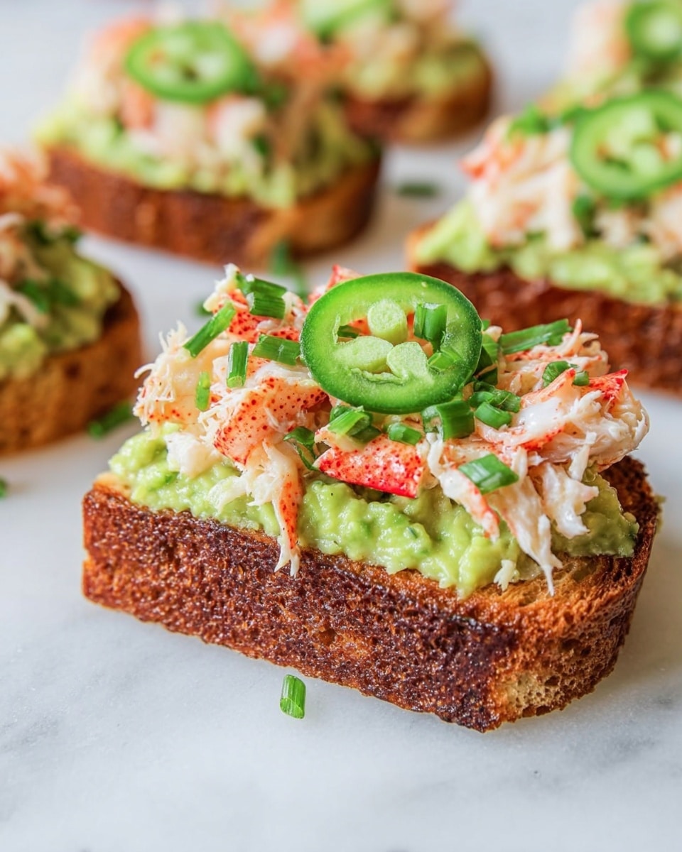 A close-up image of a toasted slice of brown crusty bread topped with a thick layer of bright green guacamole, followed by a generous layer of shredded and chunked red and white lobster meat, finished with thin rings of green jalapeño and small pieces of green chives scattered on top. The toast sits on a white marbled surface with more similarly topped toasts blurred in the background. photo taken with an iphone --ar 4:5 --v 7