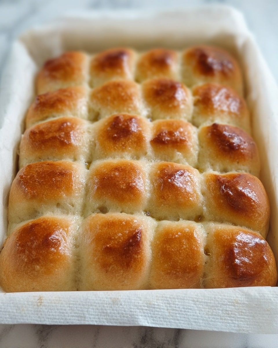 The image shows a baked square bread with a grid pattern on top, divided into roughly 25 smaller, slightly puffed sections. The surface color varies between light golden brown and darker caramelized brown patches, indicating it is well baked with a soft and slightly shiny crust. The bread rests on white parchment paper that lines a white plate, and the whole setup is placed on a white marbled textured surface. Photo taken with an iphone --ar 4:5 --v 7