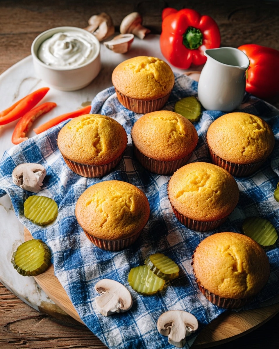 Seven golden brown cornbread muffins with slightly cracked tops are arranged on a blue and white checkered cloth on a round wooden board. Beside the muffins are fresh sliced white mushrooms, bright red bell pepper pieces, and yellow pickle slices. A small white cream pitcher filled with smooth white sauce sits next to the vegetables. In the background, a whole red bell pepper rests on the cloth. The setting is on a white marbled textured surface. photo taken with an iphone --ar 4:5 --v 7