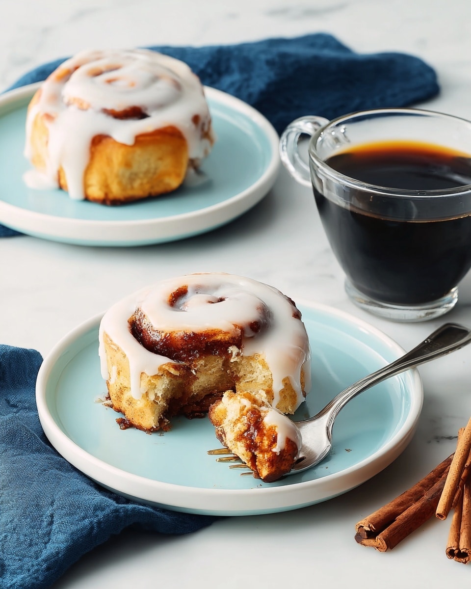 Two cinnamon rolls with white icing sit on separate light blue plates on a white marbled surface. The front roll shows a soft, golden brown outer layer with a darker cinnamon swirl center covered by smooth, creamy white icing drizzled on top. A piece of the front roll is lifted by a silver fork, revealing a sticky, gooey inner layer with cinnamon filling and a moist texture. The second cinnamon roll in the background is partially eaten, showing the same golden brown and cinnamon layers. A glass cup with dark black coffee, a blue cloth napkin, two cinnamon sticks, and a silver fork add detail around the plates. photo taken with an iphone --ar 4:5 --v 7