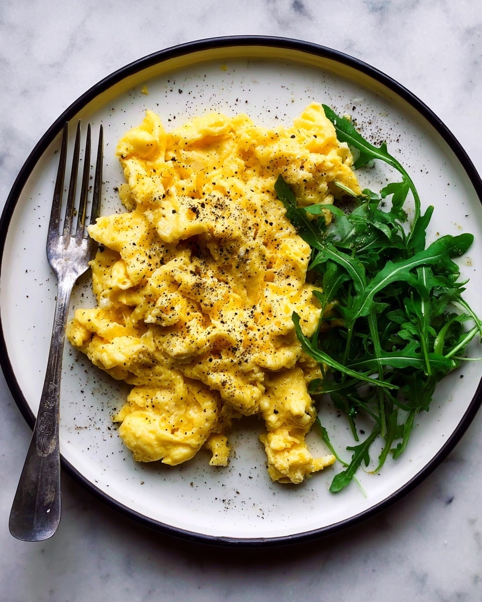 A white plate with a thin black rim holds a serving of scrambled eggs that are bright yellow and soft with a slightly glossy texture. The eggs are seasoned with a light sprinkle of black pepper over the top, adding small dark specks. Near the bottom left side of the eggs, there is a small pile of fresh, dark green leafy arugula with a matte texture. A silver fork rests on the left edge of the plate. The whole scene sits on a white marbled surface, contrasting with the dark background color visible around the plate. photo taken with an iphone --ar 4:5 --v 7