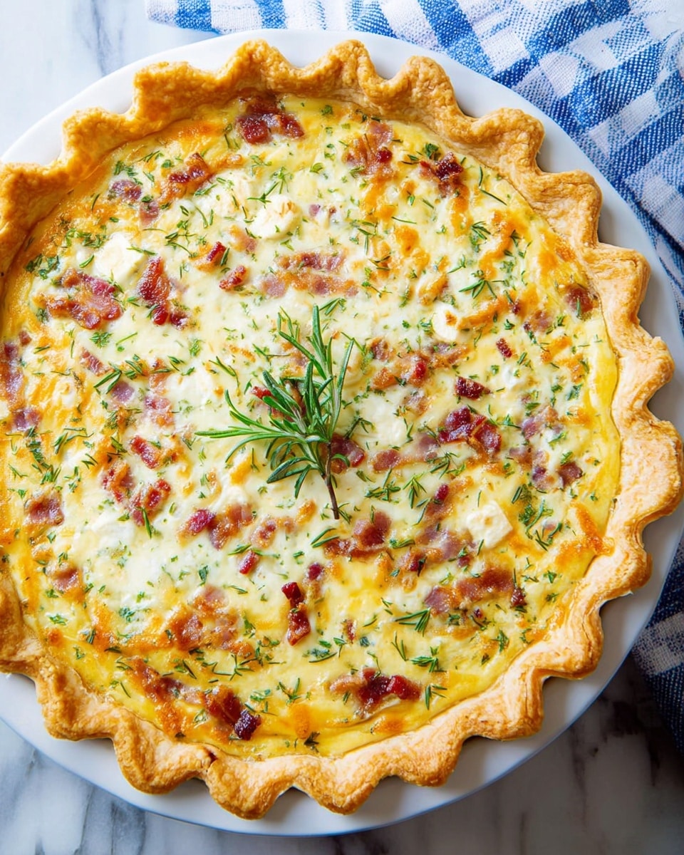 A round quiche with a golden-brown crust that is thick and crimped around the edge, filled with a creamy mixture that shows layers of melted white and yellow cheese, small pieces of crispy reddish-brown bacon, and green herbs scattered evenly across the surface, topped with a small sprig of rosemary in the center; it sits on a white marbled textured surface with a folded blue and white striped cloth nearby. photo taken with an iphone --ar 4:5 --v 7