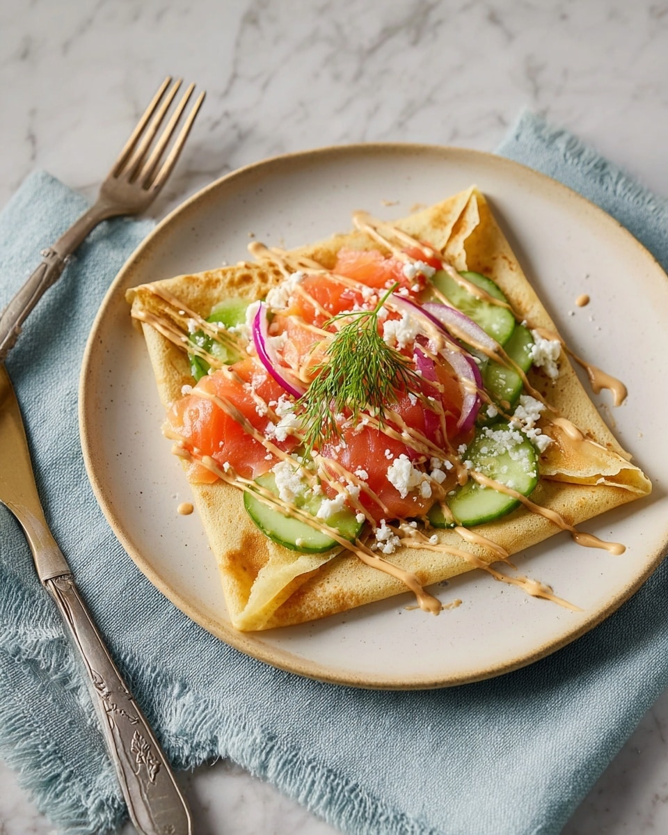 The image shows a single square crepe folded with visible light golden brown crepe edges, topped with thin slices of red smoked salmon and pale green cucumber arranged in the middle. It is garnished with small white crumbled cheese, thin pale lavender onion slices, and two fresh green dill sprigs on top. A light yellow sauce is drizzled over the dish in diagonal lines. The crepe is placed on a white plate with a worn darker rim, which sits on a soft blue cloth napkin over a white marbled surface, with a silver fork on the left side and a silver knife on the right. Photo taken with an iphone --ar 4:5 --v 7