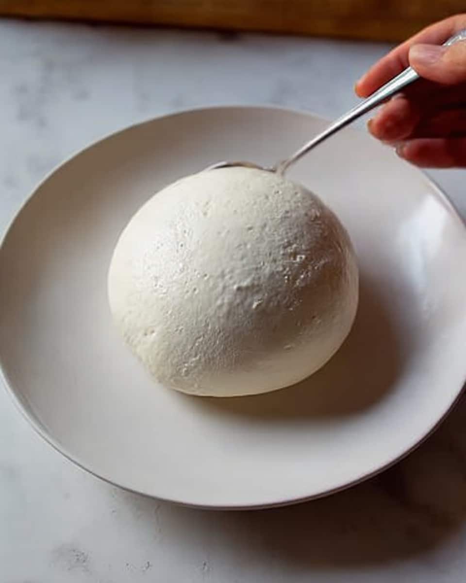 The image shows a smooth, white, dome-shaped dough placed in the center of a round white plate. The dough has a soft texture with very slight cracks on its surface, and it sits above the plate without spreading out, forming a neat mound. A woman's hand is seen on the right edge of the plate, holding it gently, while a metal spoon hovers just above the dough from the upper edge of the frame. The background features a white marbled texture. Photo taken with an iphone --ar 4:5 --v 7