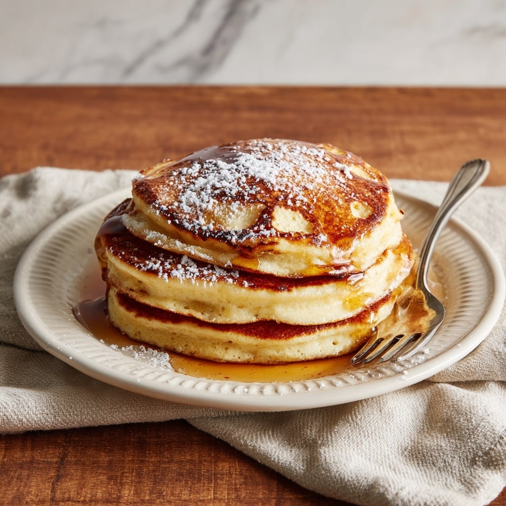 A stack of four thick pancakes with a light golden-brown color sits on a white plate with a dotted rim. The pancakes have a soft, fluffy texture with a slight rise. Golden syrup is poured over the top pancake, dripping down the sides and pooling onto the plate. Powdered sugar is sprinkled lightly across the top and edges of the pancakes. To the right side of the plate, a silver fork rests partly on the plate and woman’s hand. The plate is placed on a light beige textured cloth, which lies on a wooden surface with a white marbled texture. photo taken with an iphone --ar 4:5 --v 7