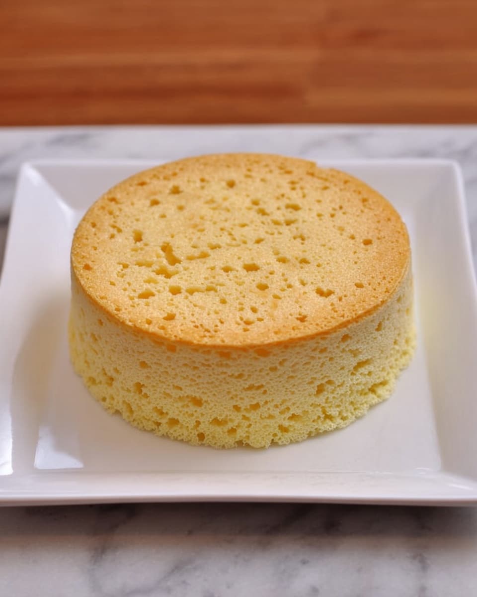 A single round, flat, light yellow sponge cake sits in the middle of a white square plate. The cake has two distinct layers: a smooth top layer with a uniform pale yellow color and a bottom layer that is slightly thicker with a porous, airy texture and small holes throughout its light brown surface. The plate is placed on a white marbled surface. photo taken with an iphone --ar 4:5 --v 7