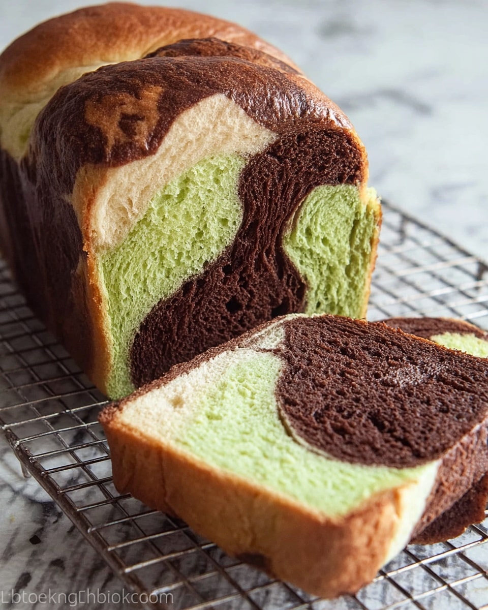 The image shows a loaf of bread with three distinct layers sliced on a cooling rack over a white marbled texture. The top layer of the bread is light brown, the middle layer is green with a soft and spongy texture, and the bottom layer is dark brown, resembling chocolate bread. Two slices are cut from the loaf and placed in front, clearly showing the three colors in swirled patterns. The bread has a shiny crust and a soft inside. Photo taken with an iphone --ar 4:5 --v 7