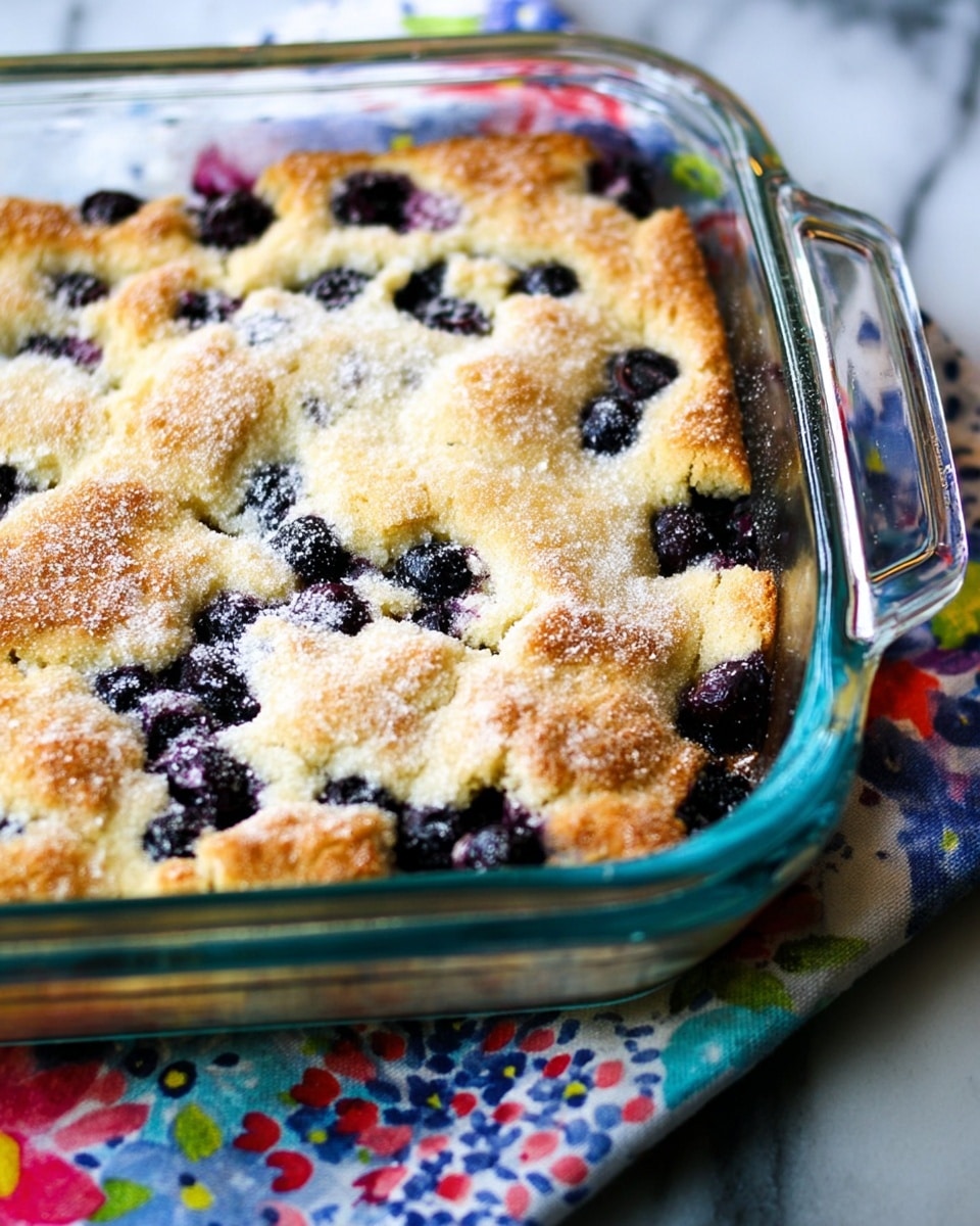 A golden-brown baked dessert with a slightly rough top layer dusted with white powdered sugar, dotted with small clusters of dark purple blueberries throughout. It is contained in a clear glass rectangular baking dish with a handle on one side. The dish is placed on a white marbled textured surface, with a colorful cloth featuring green, blue, yellow, and red floral and geometric patterns partially underneath it. The dessert looks fluffy with a lightly cracked crust. photo taken with an iphone --ar 4:5 --v 7