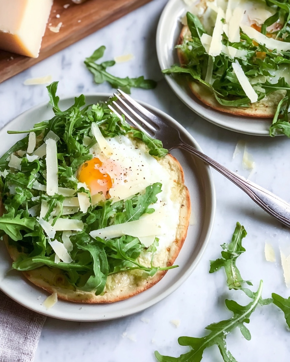 Two flatbreads are placed on white plates with a gray speckled pattern, resting on a white marbled textured surface. Each flatbread forms the base layer, topped with a shiny, cooked egg that is mostly white with a visible soft yolk in the middle. Over the egg is a generous layer of fresh, bright green arugula leaves scattered unevenly, with some pieces spilling onto the plate and surface. Thin shreds of pale yellow cheese and tiny bits of lemon zest are sprinkled over the arugula, adding texture and light color contrast. A fork is inserted into the flatbread on the right plate, suggesting readiness to eat. photo taken with an iphone --ar 4:5 --v 7