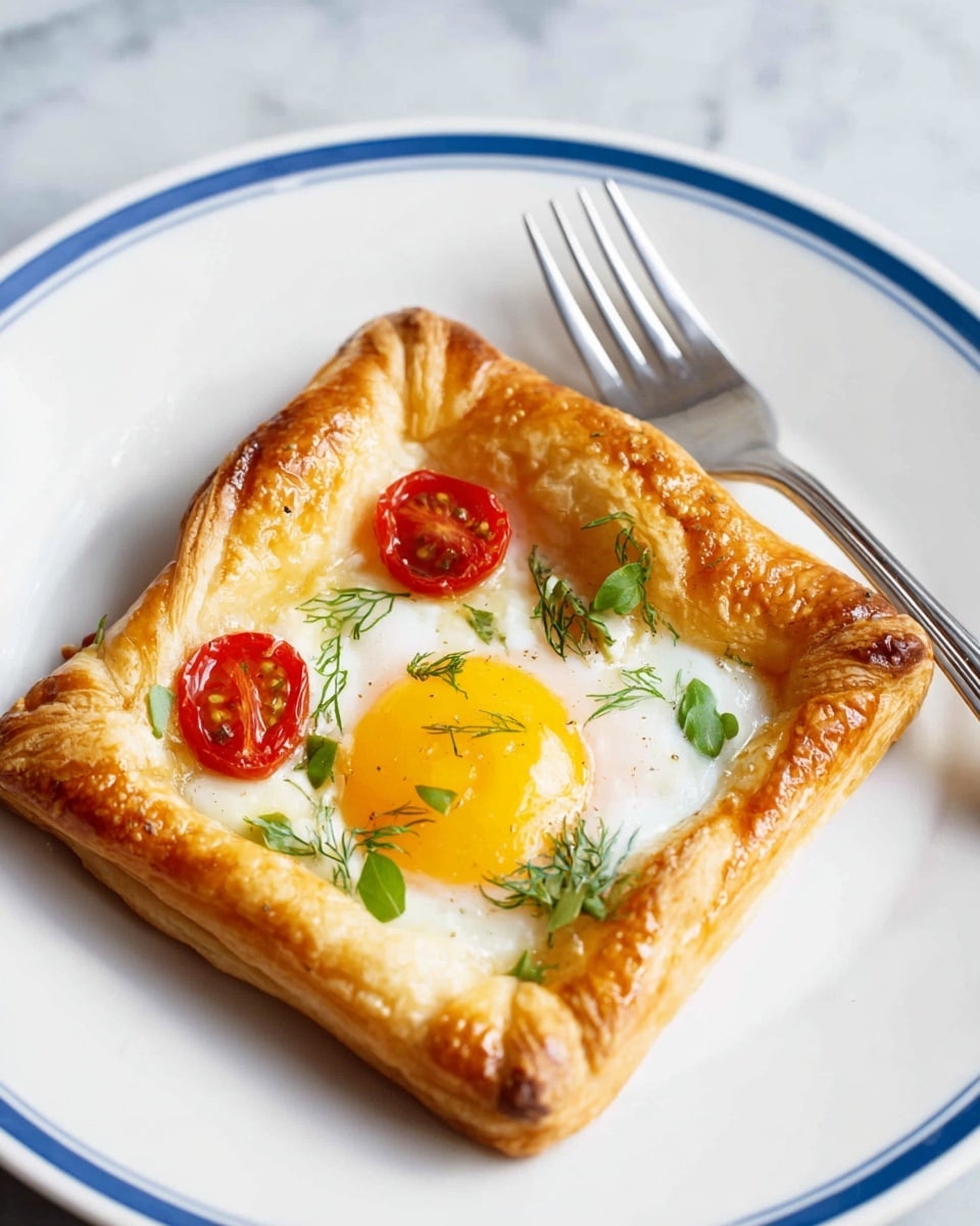 A square-shaped puff pastry with a golden brown, crispy texture forms the base and edges of the dish, creating a raised border. Inside the pastry is a cooked egg with a bright yellow yolk and smooth white, positioned in the center. Around the egg yolk are three halved cherry tomatoes, showing their red, juicy interiors. Small green dill sprigs are placed on top, adding a fresh touch. The pastry is served on a white plate with two thin blue rings around its edge, resting on a white marbled surface. A fork and a knife lie beside the pastry on the plate. photo taken with an iphone --ar 4:5 --v 7