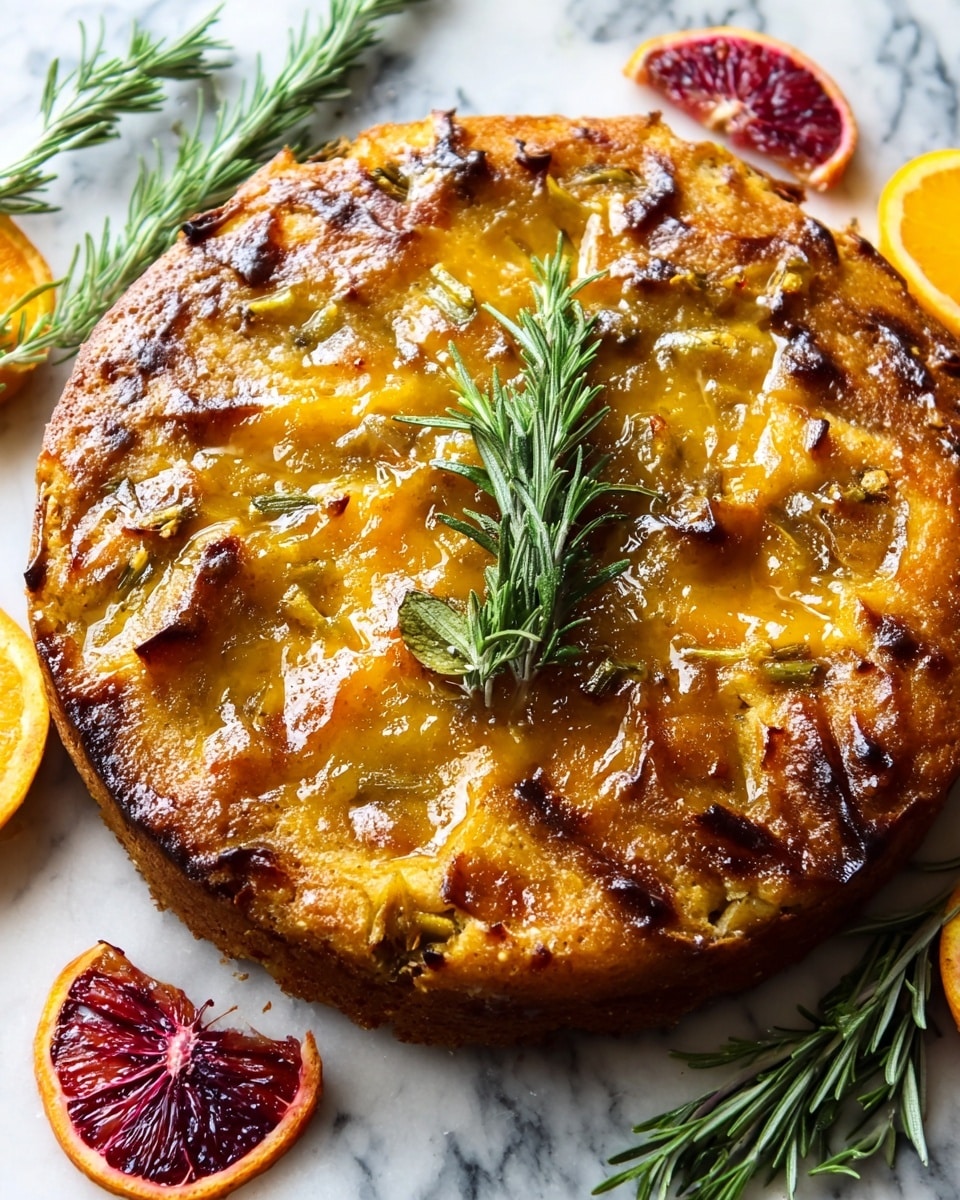 A round baked dish with a golden-brown crust and a slightly caramelized top layer that glistens with a shiny orange glaze, visibly studded with thin, pale yellow citrus peel strips and darker spots that look like raisins or dried fruit, all resting on a flat surface with a white marbled texture. The middle of the dish is decorated with two fresh green sprigs of rosemary pointing outward. Around the dish, slices of blood orange and extra sprigs of rosemary add bright red and green colors, creating a fresh, natural look. Photo taken with an iphone --ar 4:5 --v 7