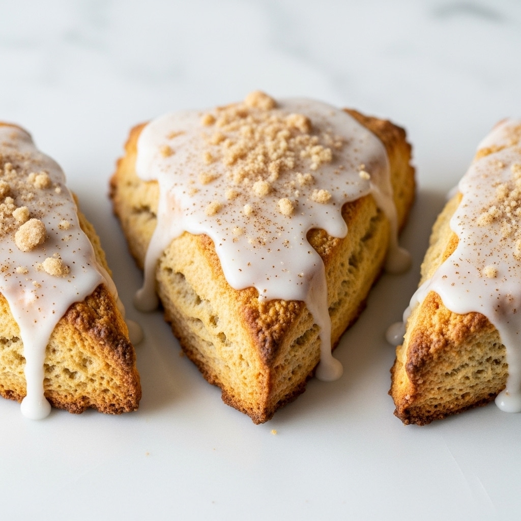 The image shows three golden yellow scones arranged on a wooden board with a white marbled texture background. Each scone is triangular with a crumbly texture and crispy edges. They are topped with a drizzle of smooth white icing that runs down the sides, pooling slightly on the board. The scones also have a sprinkle of light brown cinnamon powder dusted over the icing, adding texture and color contrast. photo taken with an iphone --ar 4:5 --v 7