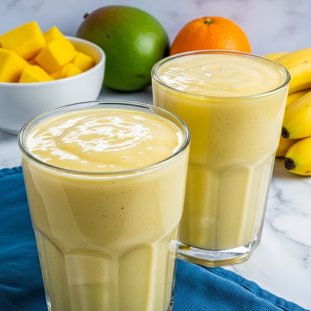Two tall clear glasses filled with smooth, creamy pale yellow mango smoothie, each glass nearly full and placed on a light blue cloth on a white marbled surface. In the background, there is a bowl filled with bright yellow mango chunks, a whole orange, a bunch of small yellow bananas, and a green mango, all slightly blurred to keep focus on the smoothies. The texture of the smoothie looks thick and slightly glossy. Photo taken with an iphone --ar 4:5 --v 7