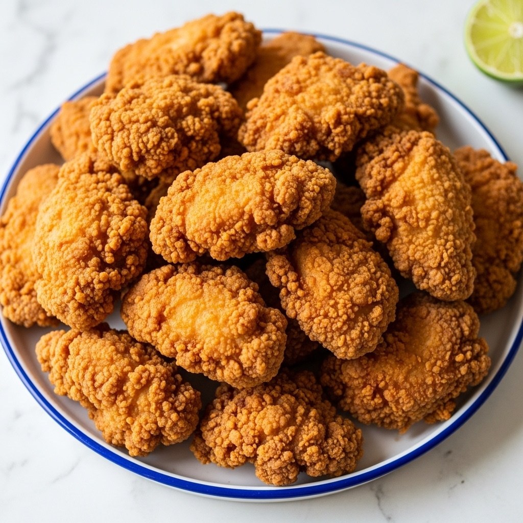 A white plate with a blue rim is full of many pieces of golden-brown fried chicken. The chicken pieces have a rough, crispy texture with uneven, crunchy edges. The plate sits on a white marbled surface with a small wedge of lime visible in the corner. The fried chicken fills the entire plate, showing different shapes and sizes stacked closely together. Photo taken with an iphone --ar 4:5 --v 7