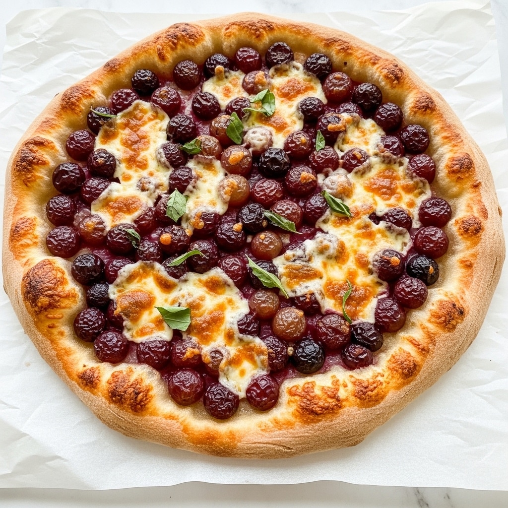 A round pizza with a thick, golden-brown crust sits on crumpled white paper, placed on a white marbled background. The pizza has a thin layer of melted yellow cheese with some bubbling spots, topped with scattered dark red and black grapes or berries. There are also a few green leaves spread evenly on top, adding a fresh contrast. The crust edges are puffy and light with a slightly uneven golden color. The overall look is warm and inviting, with a mix of smooth melted cheese and textured fruit. photo taken with an iphone --ar 4:5 --v 7