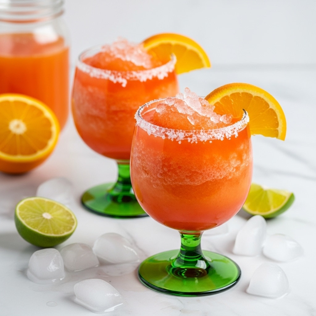 The image shows two glasses with green stems filled with a bright red-orange icy drink. Each glass has a salted rim and crushed ice visible on top, with a thin orange slice garnishing the rim. The glasses sit on a surface covered with scattered crushed ice, and behind them is a glass jar partially filled with a similar orange liquid. There is also a halved orange and a quartered lime placed on the white marbled surface around the glasses. The scene is bright and fresh with a clean, crisp look. photo taken with an iphone --ar 4:5 --v 7