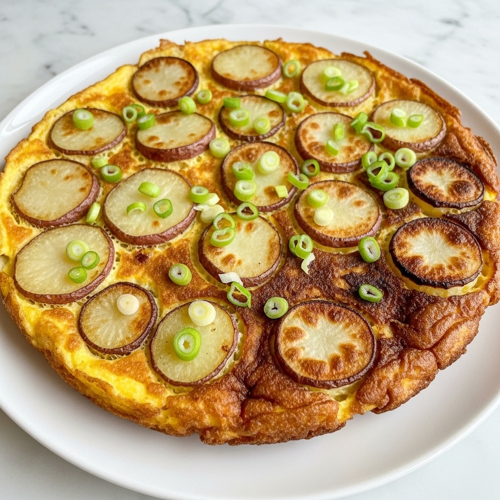 A golden-brown crispy potato omelette sits on a white plate, showing several layers: the bottom layer is thin, fried potato slices with a soft yellowish color, followed by a thick, fluffy egg layer with a light golden hue, and on top scattered browned potato slices that create a rough texture, some with darker, nearly burnt edges. The whole dish is sprinkled with small bright green chopped scallions. The plate rests on a white marbled surface, adding a clean contrast. A knife with a wooden handle lies nearby, and a small pile of coarse salt is visible next to the plate. Photo taken with an iphone --ar 4:5 --v 7