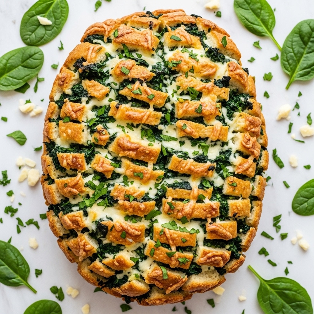 A large, rustic pull-apart bread loaf covered with melted cheese and finely chopped green herbs. The bread pieces are golden brown with a crispy texture on the edges, and creamy white cheese mixed with dark green spinach leaves fills the gaps between the bread chunks. The bread sits on a white marbled surface, scattered with small green herb flakes around it, and a few whole spinach leaves nearby. In the background, there is a white plate with more herbs on it. The overall look is hearty and cheesy with a mix of soft and crispy textures. photo taken with an iphone --ar 4:5 --v 7