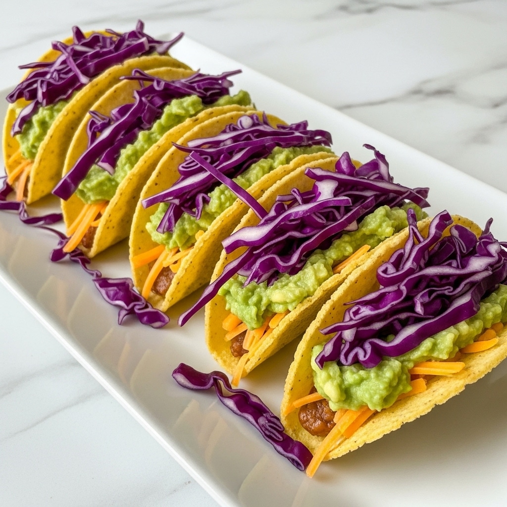 A long white rectangular plate holds six small taco shells arranged in a neat row on a white marbled surface. Each yellow taco shell is filled with a bottom layer of shredded orange cheese, topped with diced green avocado pieces, and finished with bright purple shredded cabbage that spills slightly over the edges. The tacos are evenly spaced and aligned in the same direction, highlighting the colorful layers inside. Photo taken with an iphone --ar 4:5 --v 7