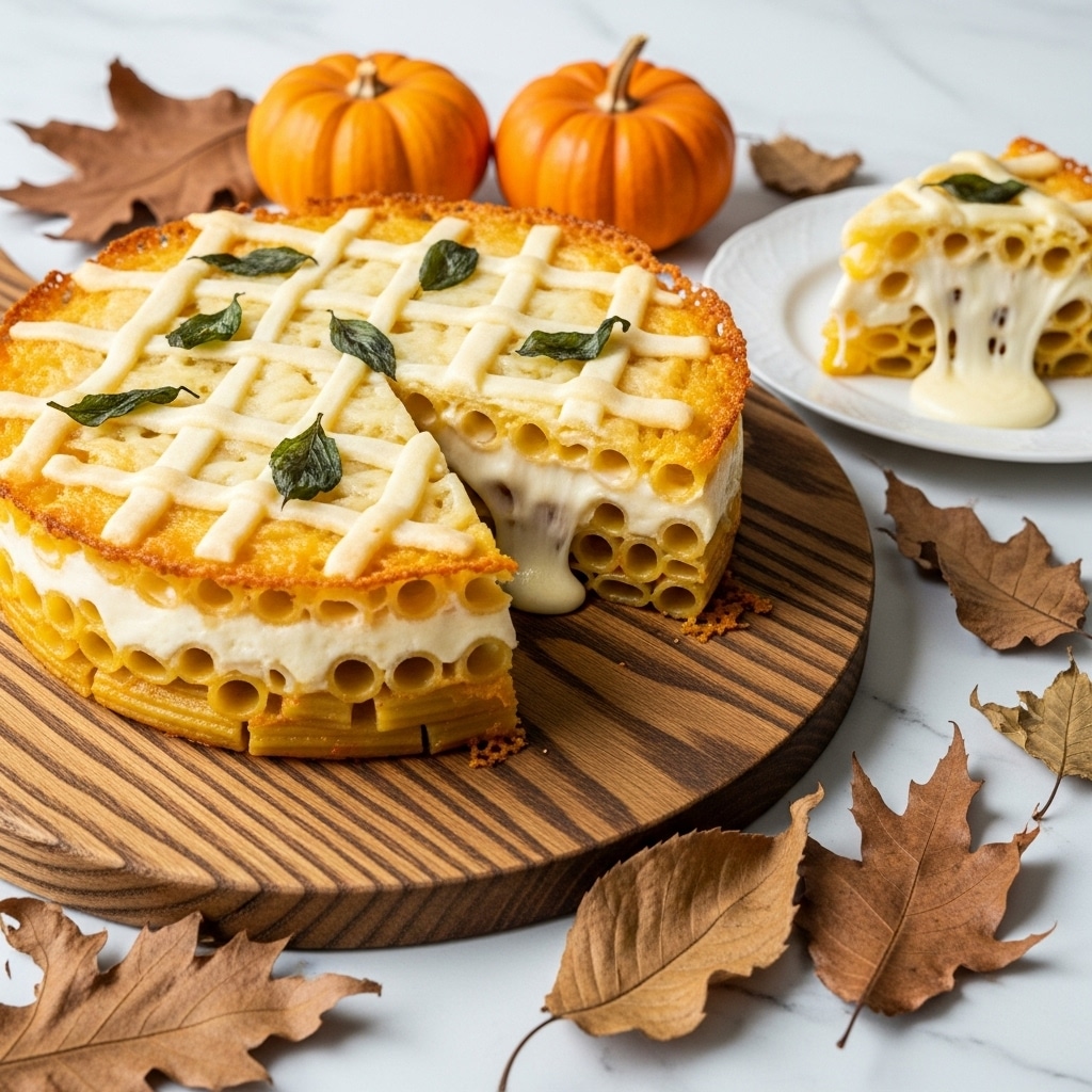 A round pumpkin-colored cheesy dish sits on a wooden cutting board with a piece missing, showing a thick, creamy orange-yellow sauce with pasta rigatoni underneath. The top layer has a delicate white lace-like cheese crust sprinkled with small green sage leaves. On the lower right, a white plate holds a portion of the dish with cheese sauce dripping and a sprig of sage on top. Around the scene, there are small pumpkins and dry autumn leaves on a white marbled textured surface. Photo taken with an iphone --ar 4:5 --v 7