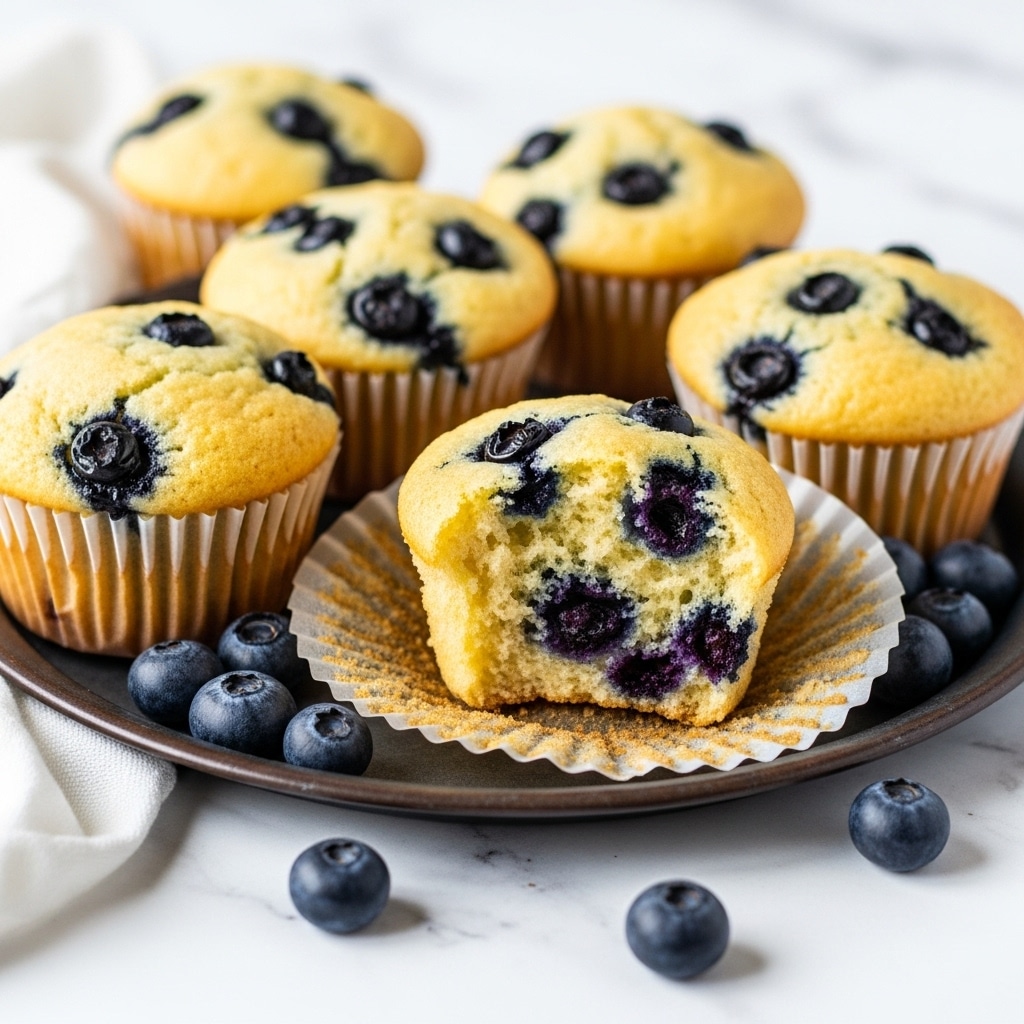 The image shows six blueberry muffins placed on a dark, rustic tray with a few fresh blueberries scattered around. Each muffin has a golden-brown top with blueberries peeking through the slightly cracked surface, showing bursts of deep purple and blue. One muffin near the bottom center has its white paper liner partially peeled back, revealing a moist inside speckled with more blueberries. The texture on top looks soft with a slight crispness. The background is a white marbled surface. photo taken with an iphone --ar 4:5 --v 7