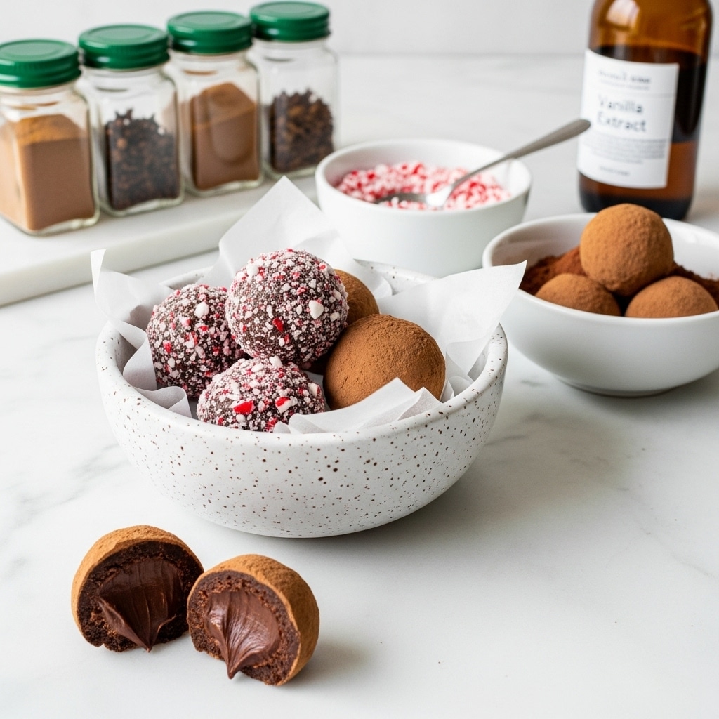 The image shows a white bowl filled with six round chocolate truffles, three covered in cocoa powder with a rough texture and three covered in red and white crushed peppermint pieces, all resting on white parchment paper. Outside the bowl, two peppermint-covered truffles lie on a white marbled surface, one broken open to reveal a dark, smooth chocolate center. In the background, there are four spice jars with green lids labeled cinnamon and cloves, a white bowl filled with crushed peppermint with a gold spoon resting inside, a white bowl with three cocoa-coated truffles sitting in a layer of cocoa powder, and a dark brown bottle of vanilla extract. The overall scene is bright with a clean, white marbled surface photo taken with an iphone --ar 4:5 --v 7