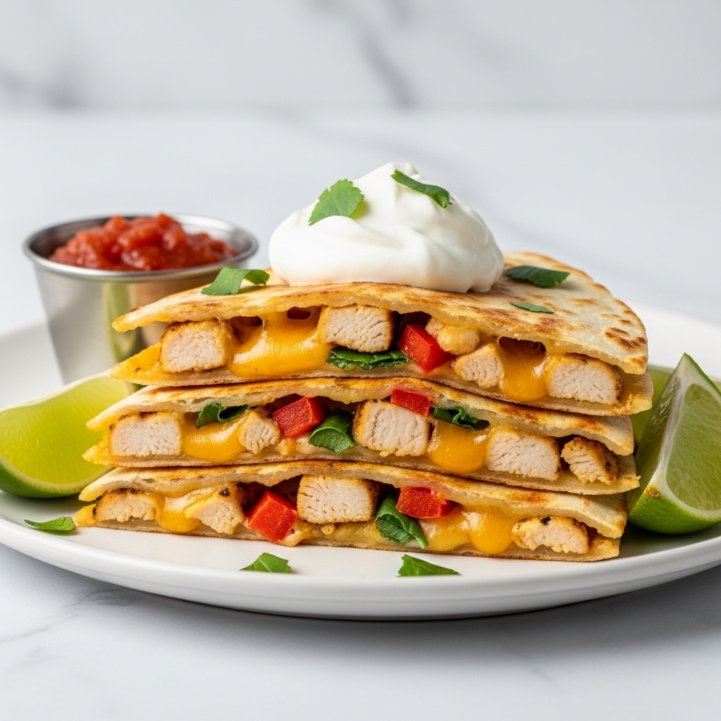 A stack of three golden-brown quesadilla triangles sits on a white plate, each layer showing melted yellow cheddar cheese mixed with small chunks of grilled chicken, red bell pepper, and green herbs. The top quesadilla piece is slightly open, revealing gooey cheese and colorful fillings inside, with a dollop of white sour cream placed on top. Two bright green lime wedges rest near the quesadillas, and a small metal cup filled with chunky red salsa is positioned beside the stack. The plate is on a white marbled surface, creating a clean and bright setting. photo taken with an iphone --ar 4:5 --v 7