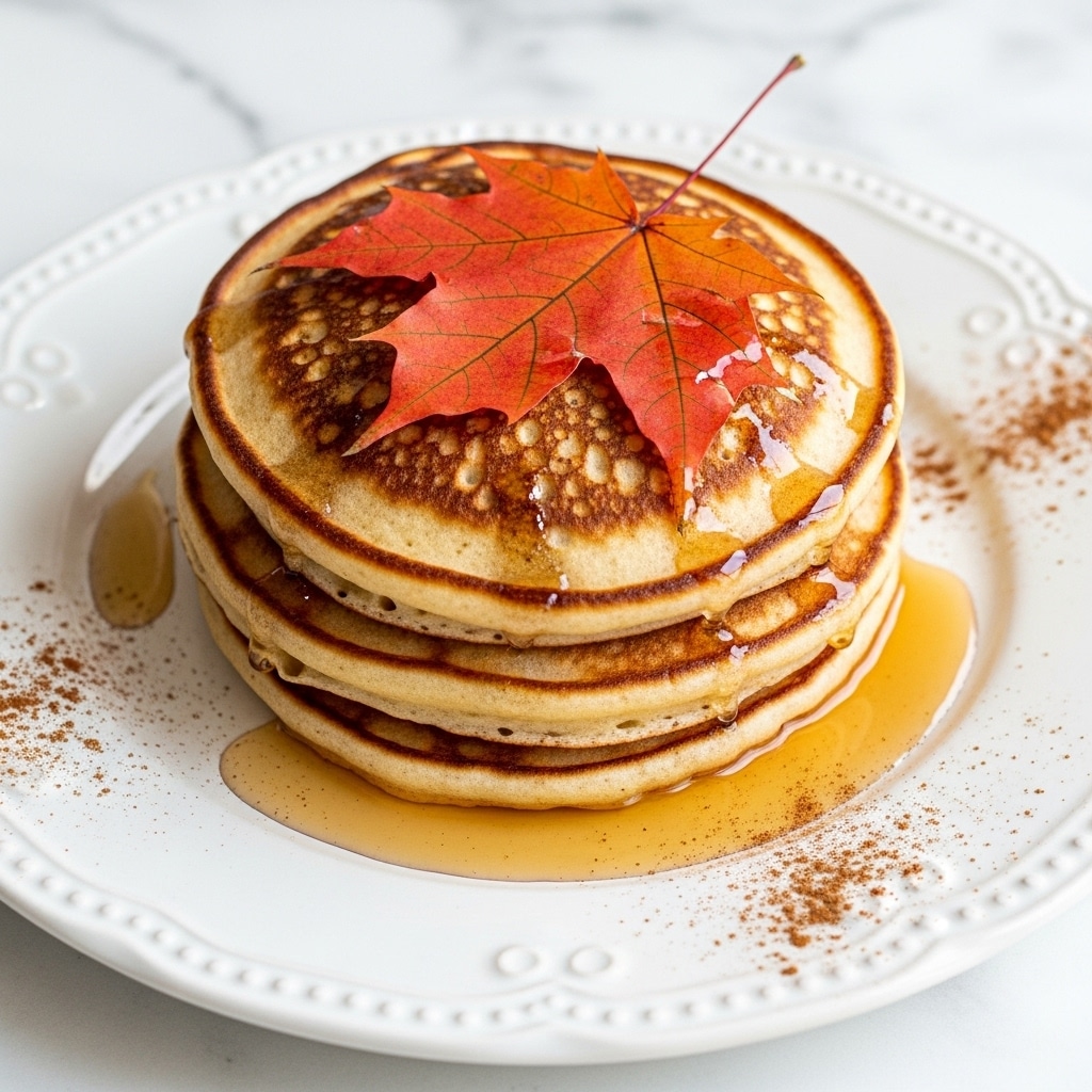 There is a stack of three golden brown pancakes on a white decorative plate, each pancake showing a slightly uneven, textured surface with some darker brown spots. At the top center of the pancakes, there is a bright orange-red maple leaf placed flat as decoration. The plate is lightly sprinkled with brown spice powder around the edges, and some maple syrup is pooled and drizzled near the plate's right side. The plate is set on a white marbled surface. Photo taken with an iphone --ar 4:5 --v 7