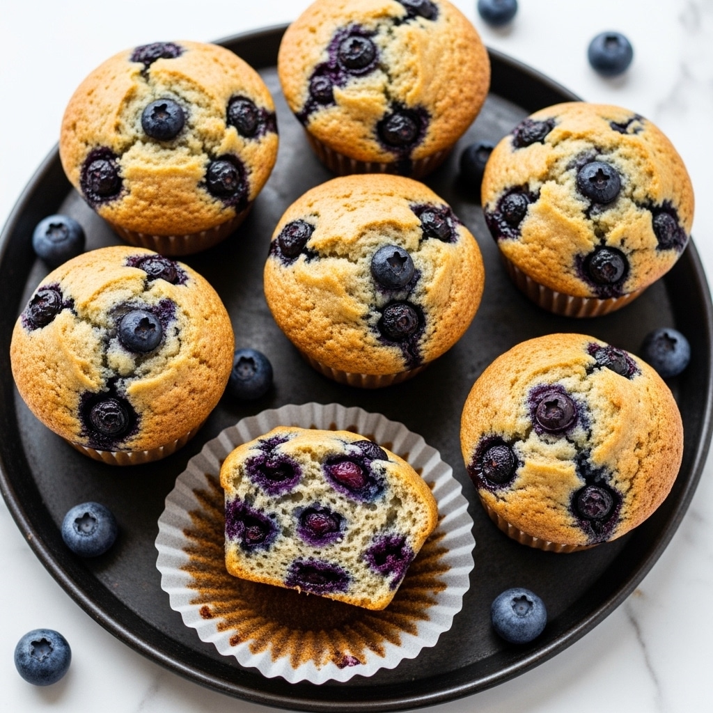 The image shows several golden-yellow muffins with visible dark blue blueberries baked inside. One muffin is half eaten, showing a soft, moist inside with dark blue blueberry pieces scattered throughout. The muffins are in white paper liners with a scalloped edge, placed on a dark metal tray with some fresh blueberries around them. The background beneath the tray is a white marbled surface, and part of a white cloth is visible at the side. photo taken with an iphone --ar 4:5 --v 7