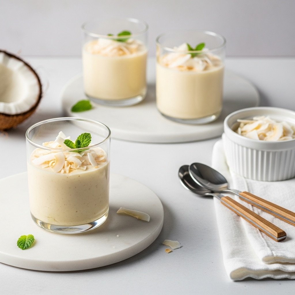 Three clear glass cups each hold a creamy, light yellow dessert layered with small textured pieces. On top of the dessert are a few thin, white, flat coconut flakes and bright green fresh mint leaves. The cup in the front sits on a small round white marbled plate, while the other two are placed directly on the white marbled surface in the background. To the left, there is a white ceramic bowl filled with shredded coconut, and a halved coconut shell behind it. Two spoons with wooden handles lie on a white cloth near the bowl. The whole setup rests on a white marbled surface with a soft, light background. photo taken with an iphone --ar 4:5 --v 7