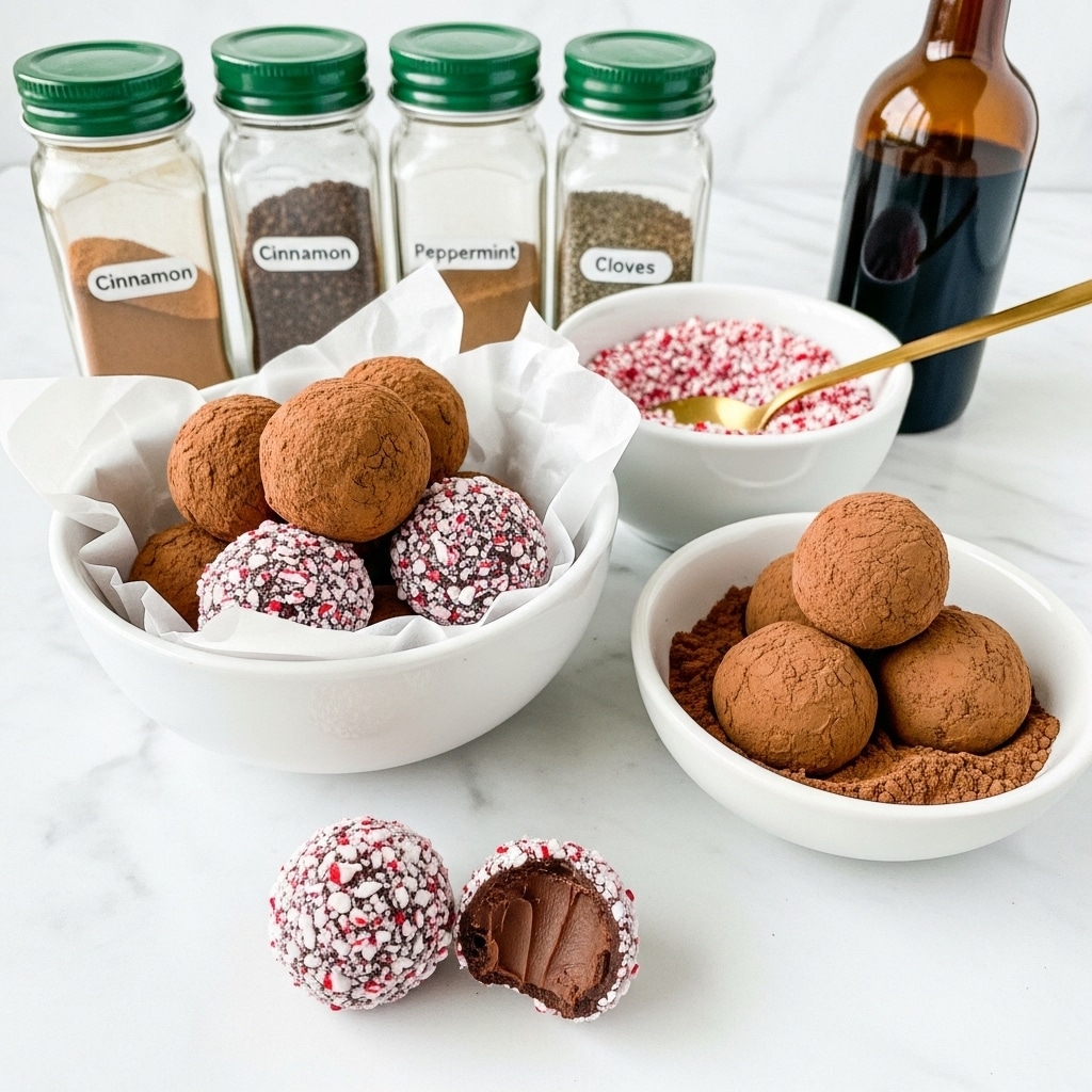 The image shows a white speckled bowl filled with five round chocolate truffles, three coated with crushed red and white peppermint pieces, and two covered in a smooth layer of brown cocoa powder, all resting on white parchment paper inside the bowl. Outside the bowl, two more truffles are placed on a white marbled surface, one of which is cut in half displaying a rich, dark chocolate filling. Behind the bowl, there are four small clear jars with green lids containing cinnamon, cloves, and other spices, along with a white bowl filled with crushed peppermint pieces and a spoon. To the right, a white bowl holds two cocoa-covered truffles partially submerged in cocoa powder. In the far right background is a dark amber bottle labeled vanilla extract. The scene is set on a clean white marbled surface and has soft, natural lighting. Photo taken with an iphone --ar 4:5 --v 7