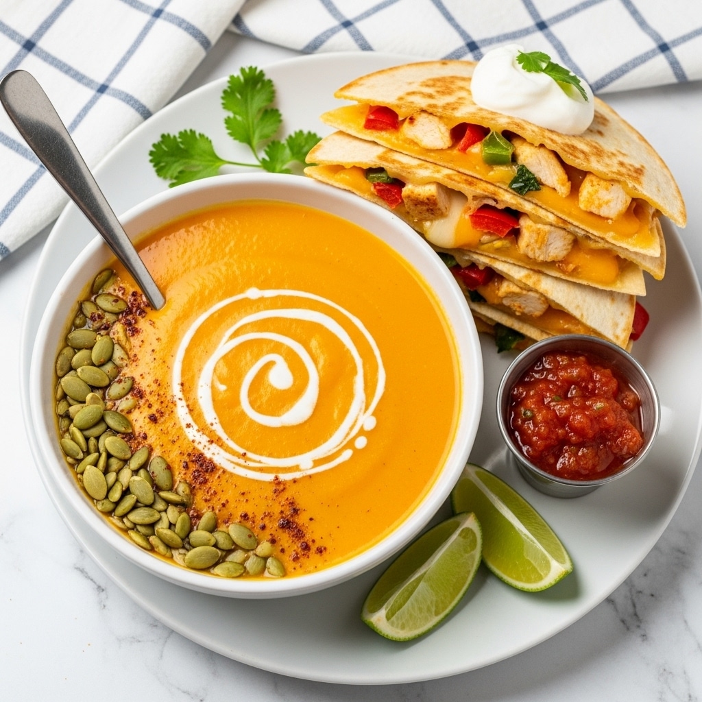A stack of three folded quesadilla pieces sits on a white plate with a white marbled background, each piece showing layers of melted golden cheese mixed with diced grilled chicken, small red bell pepper pieces, and green herbs. The tortillas are golden brown with a slightly crispy texture. On top of the stack, there is a dollop of white sour cream. Around the quesadillas, two lime wedges are placed on the plate, and a small metal cup filled with red salsa is visible on the side. photo taken with an iphone --ar 4:5 --v 7