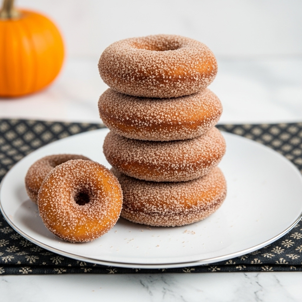 A stack of five sugar-coated cinnamon donuts are placed in the center of a white plate with a silver rim, with two small donut holes lying on either side at the base. The donuts are golden-brown with a rough texture from the sugar and cinnamon coating. The plate is set on a dark patterned cloth with orange and brown tones, and a large pumpkin can be seen blurred in the background. The scene is arranged on a white marbled surface. photo taken with an iphone --ar 4:5 --v 7