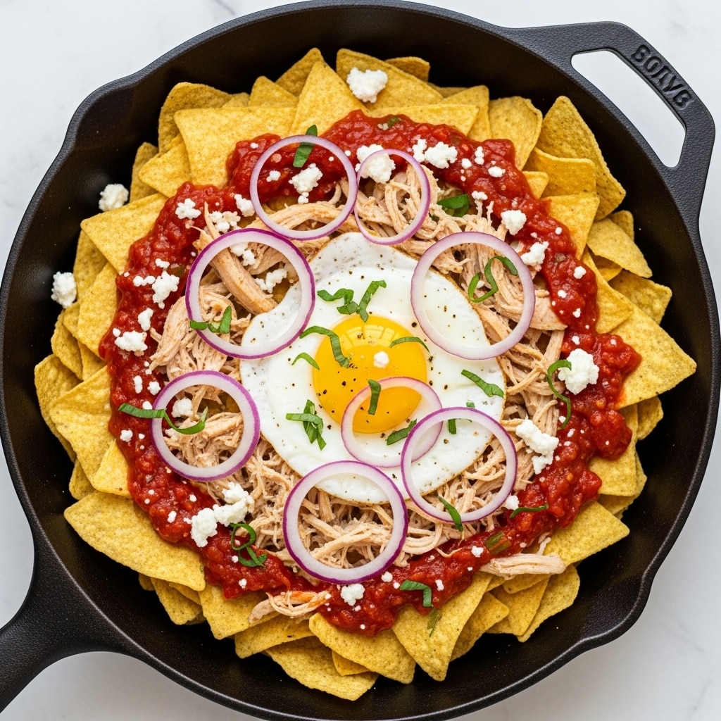 A black skillet filled with a layered dish starting with triangular beige tortilla chips arranged in a circle, topped with dark red salsa sauce, scattered shredded light brown chicken, and crumbled white cheese. In the center lies a bright yellow sunny-side-up egg with white edges, garnished with a few green herbs and thin slices of purple onion rings on the side. The whole skillet is placed on a white marbled surface. Photo taken with an iphone --ar 4:5 --v 7
