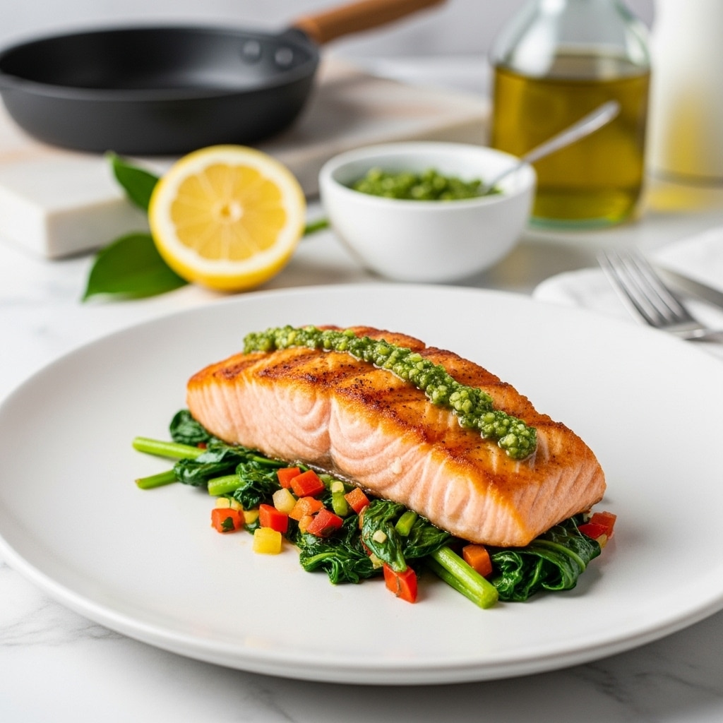 A cooked salmon fillet with a light golden brown top sits centered on a white plate. Below the salmon is a colorful mixture of sautéed vegetables with visible green leaves, red peppers, and yellow pieces, forming one thick layer. On top of the salmon is a small amount of green sauce or garnish with a rough texture, spread unevenly near the top edge. The plate rests on a white marbled surface, with a blurred background showing a pan and other kitchen items. Photo taken with an iphone --ar 4:5 --v 7