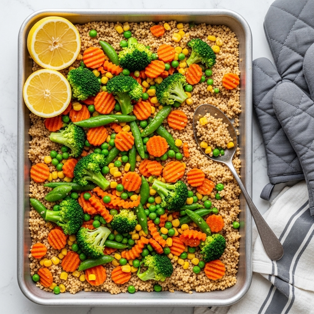 A large metal tray filled with a colorful mix of small round couscous grains, bright green broccoli florets, sliced orange carrots, yellow corn kernels, and green peas evenly spread across the tray. Two lemon halves, one placed in the top left corner and the other at the bottom right, add contrast to the dish, while a silver spoon rests partially on the right side. The tray is set on a white marbled surface, with a folded striped cloth and a pair of gray oven mitts positioned at the top right corner. photo taken with an iphone --ar 4:5 --v 7