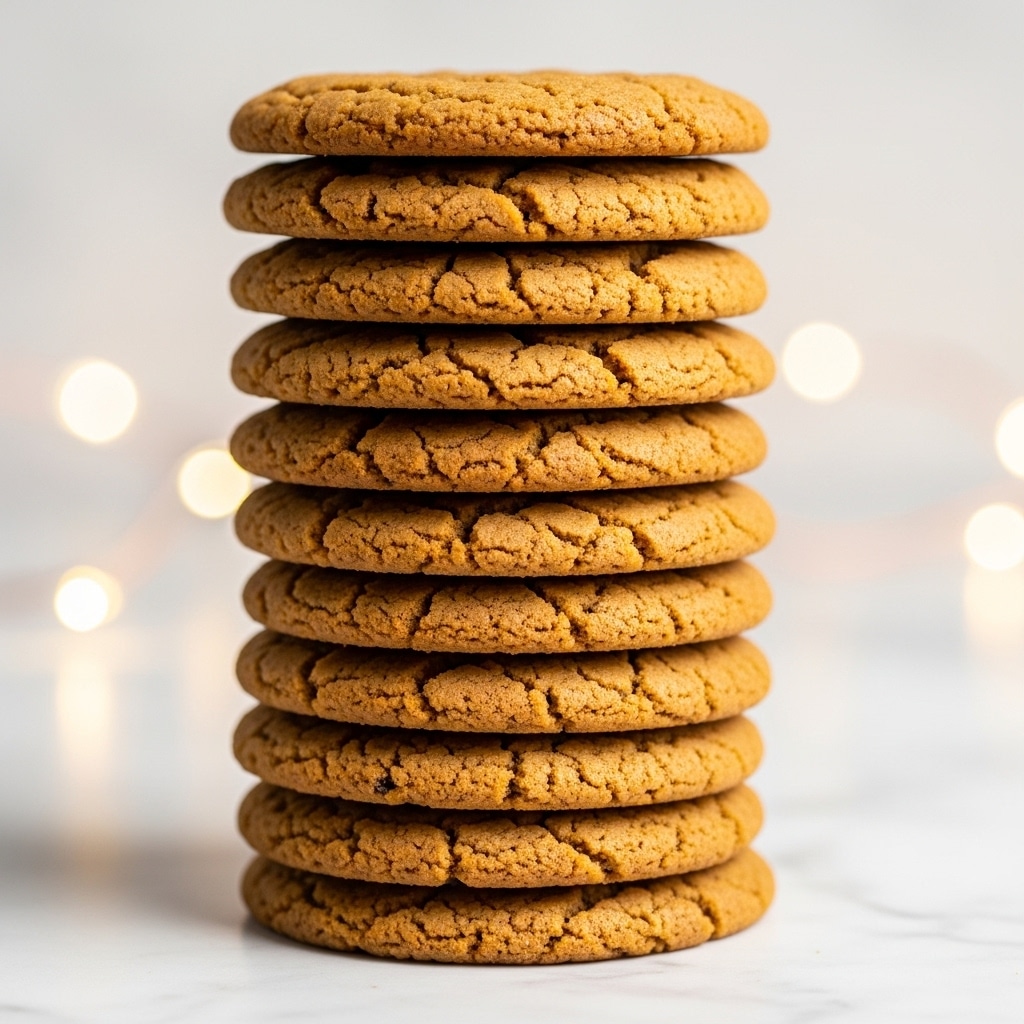 A tall stack of ten round, brown cookies with a cracked and slightly rough texture is centered in the image. Each cookie has a thin, even layer of darker filling visible between them, creating subtle dark lines that separate the cookies. The stack stands against a soft, blurred white background with round bokeh lights, all placed on a white marbled surface. The overall look is warm and inviting, highlighting the chewy, homemade quality of the cookies. Photo taken with an iphone --ar 4:5 --v 7