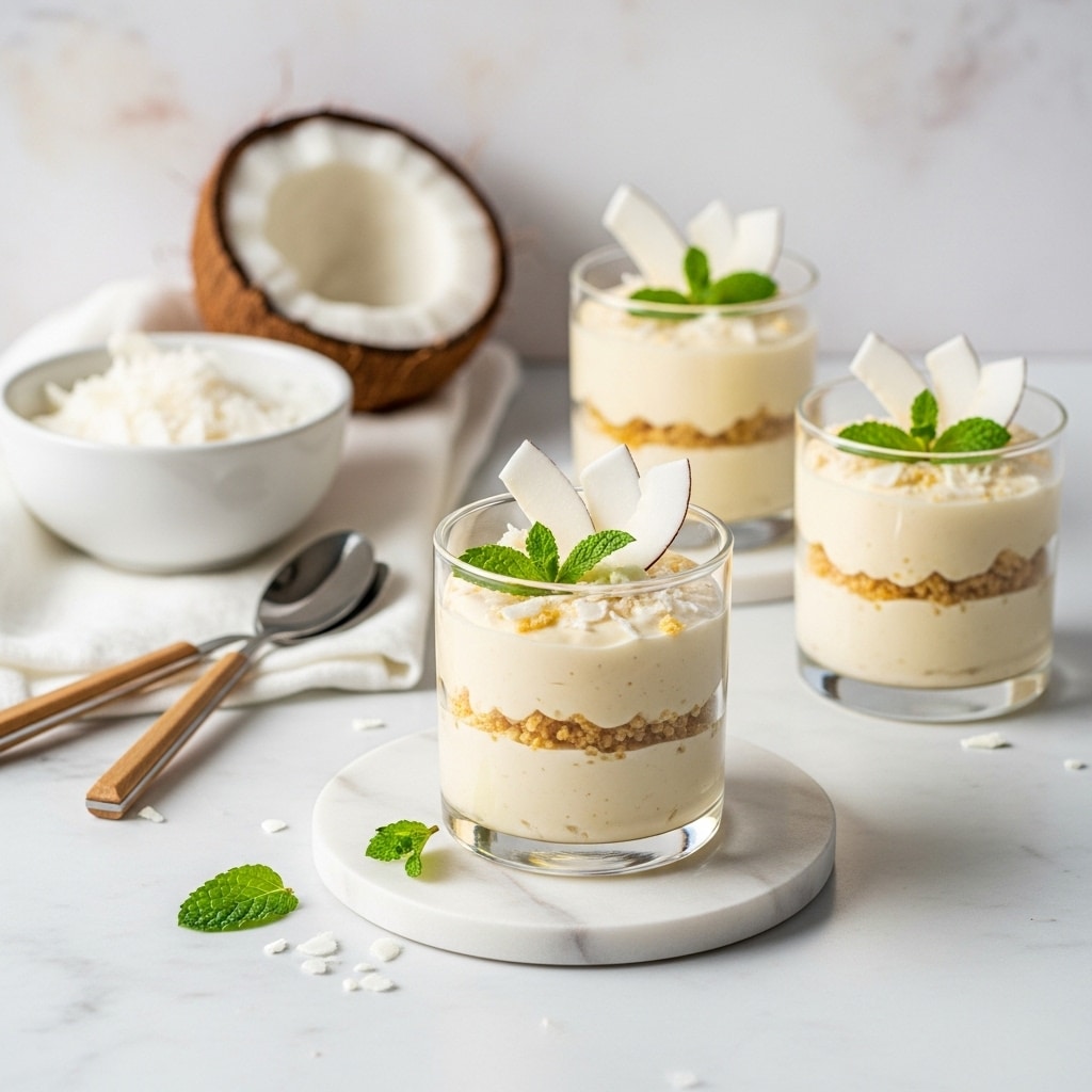 A transparent glass filled with a creamy light yellow pudding-like mixture, topped with thin white coconut flakes and a small green mint leaf, placed on a round white marble plate; two similar glasses in the background, each also filled with the same creamy mixture and topped with coconut flakes and mint leaves, sitting on a white marbled surface, with three spoons with wooden handles laid on white cloth beside a white ramekin filled with more coconut flakes; a halved coconut is partially visible on the left side of the image, all set against a soft light neutral backdrop. photo taken with an iphone --ar 4:5 --v 7