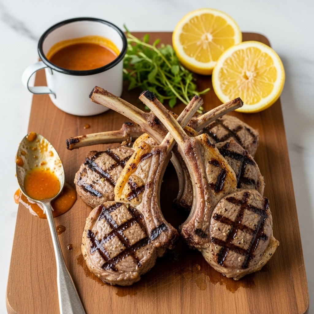 A wooden board holds four grilled lamb chops stacked in the middle, each chop showing sear marks and a brown, slightly charred texture with a light crust of herbs and seasoning; on the right side of the board lies a halved lemon with a bright yellow, juicy interior and some fresh green herbs nearby; at the top left corner, a small metal cup filled with amber-colored jam or sauce is placed next to a spoon lying flat with a dollop of the same jam, some spilled onto the board, all set on a white marbled surface. photo taken with an iphone --ar 4:5 --v 7